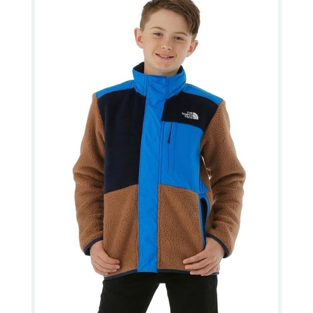 North Face Kids Boys XL Mixed Media Sherpa‎ Fleece Zip Hoodie Jacket Brown